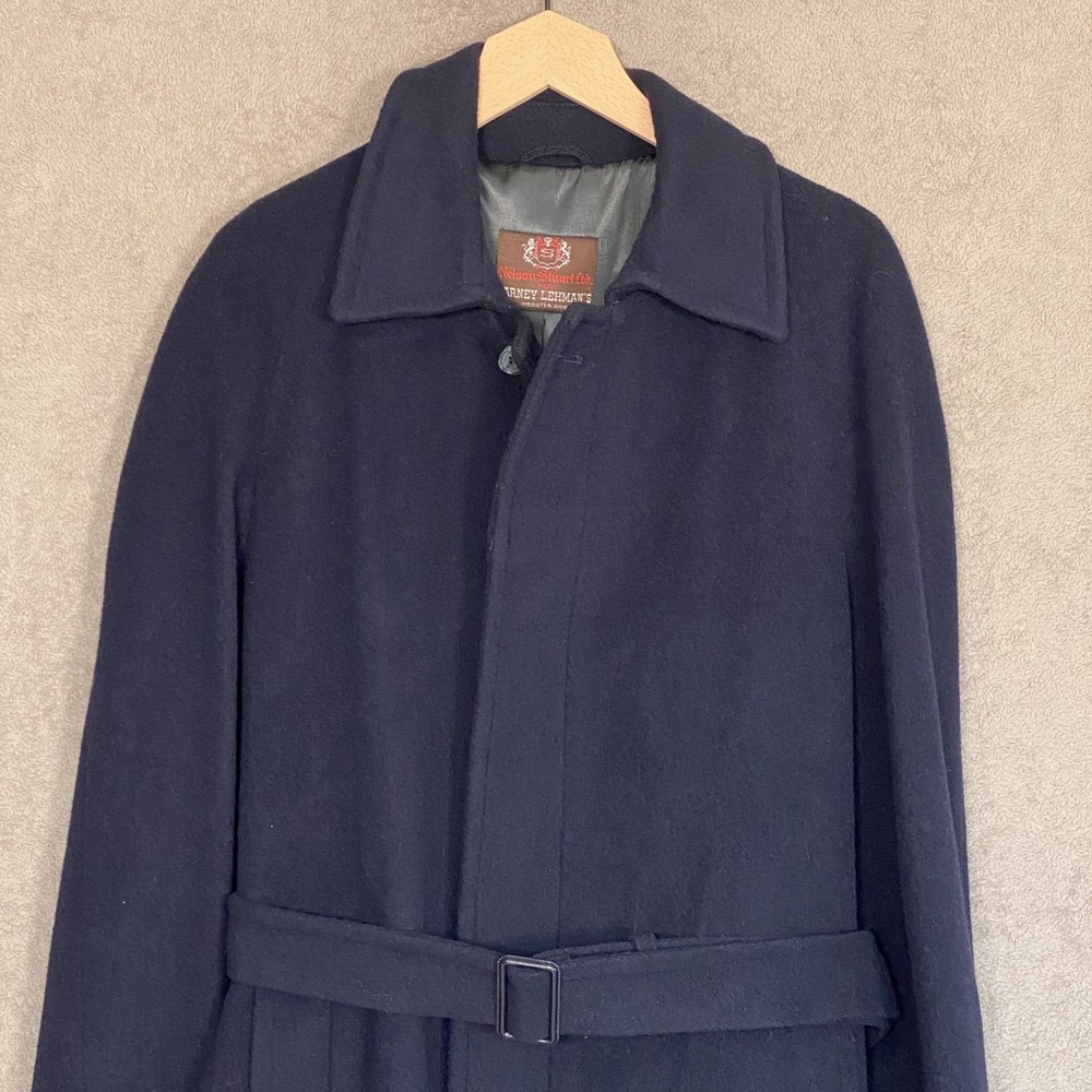 Vintage Nelson Stuart Mens Wool Belted Overcoat 38R Navy Blue Long Coat Trench - Picture 3 of 14